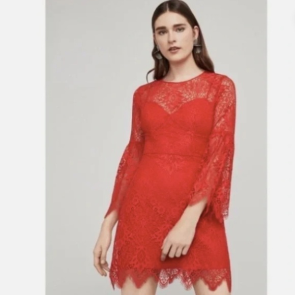 Bcbg Max Azria Daniela Dress Red Lace Bell Sleeve Mini Cocktail Nwt 2 - Picture 1 of 8